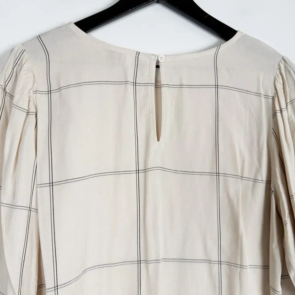 New LOFT Windowpane Beige Blouse Puff Sleeves Top - M